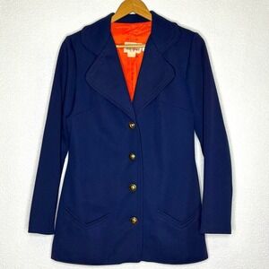 VTG Vicky Vaughn 60s 70s Sport Navy‎ Blue Blazer Jacket Orange Gold Lining 15